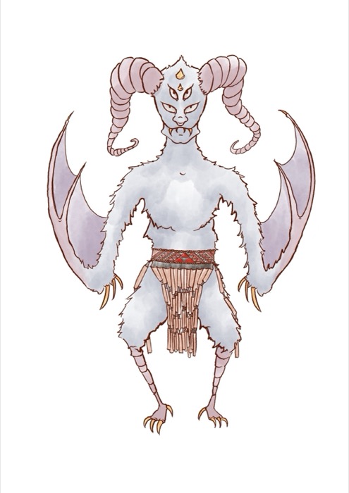 Kanikani Kingi: a lilac-grey furry cryptid with coiled ram horns, four eyes, a gold forehead flame, bat-like wings on the arms and gold talons, wearing a patterned belt and a fringed skirt, standing front-on on white.