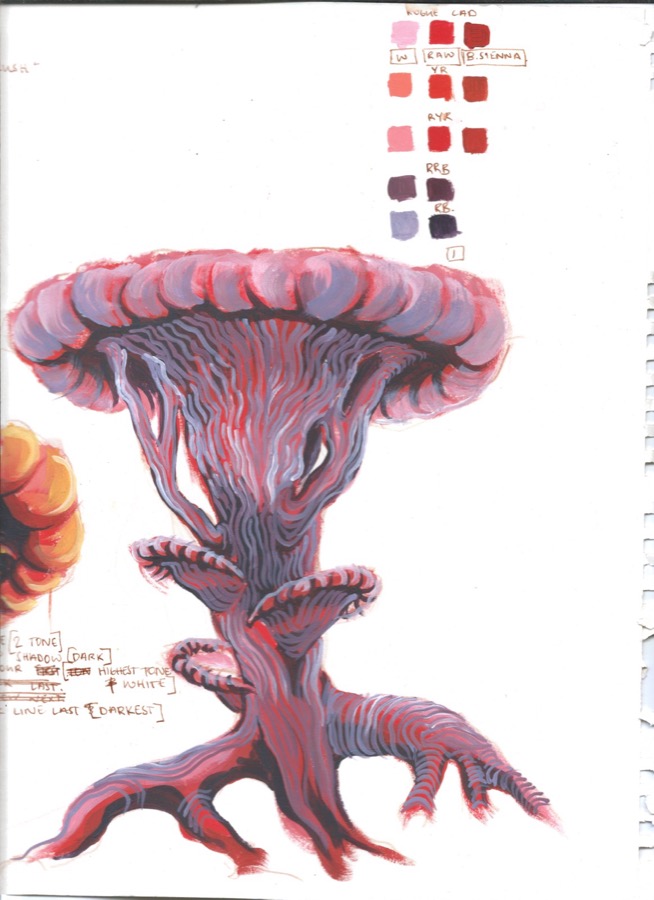 Gouache painting of a mushroom-tree creature: a pink scalloped cap over a ribbed violet trunk with little shelf fungi, standing on clawed root-feet, beside a grid of paint swatches and handwritten mixing notes