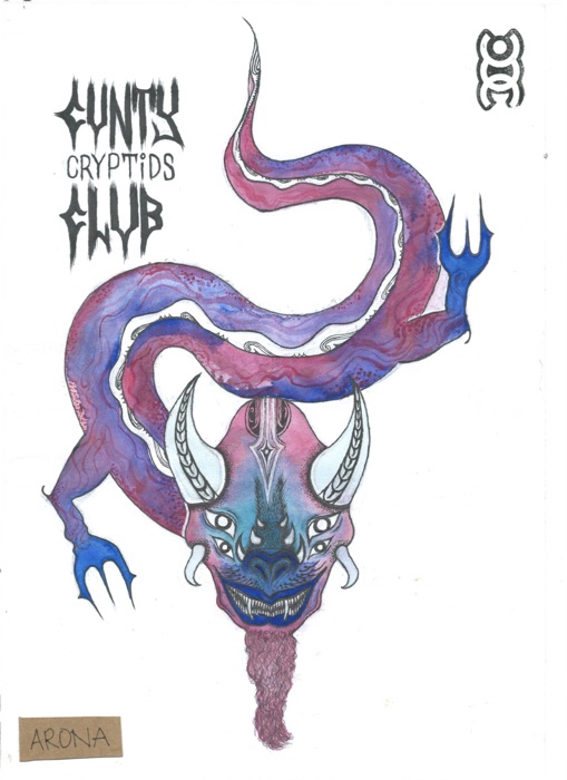 The Aarona card: a magenta, violet and cobalt watercolour serpent with a koru-lined belly, blue three-pronged claws, white ridged horns, four eyes and a long pink beard, under hand-lettered Cryptids Club lettering and a CCC stamp